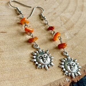 Textured Bohemian Celestial Whimsigoth Sun Moon Face Orange Faux Rock Earrings